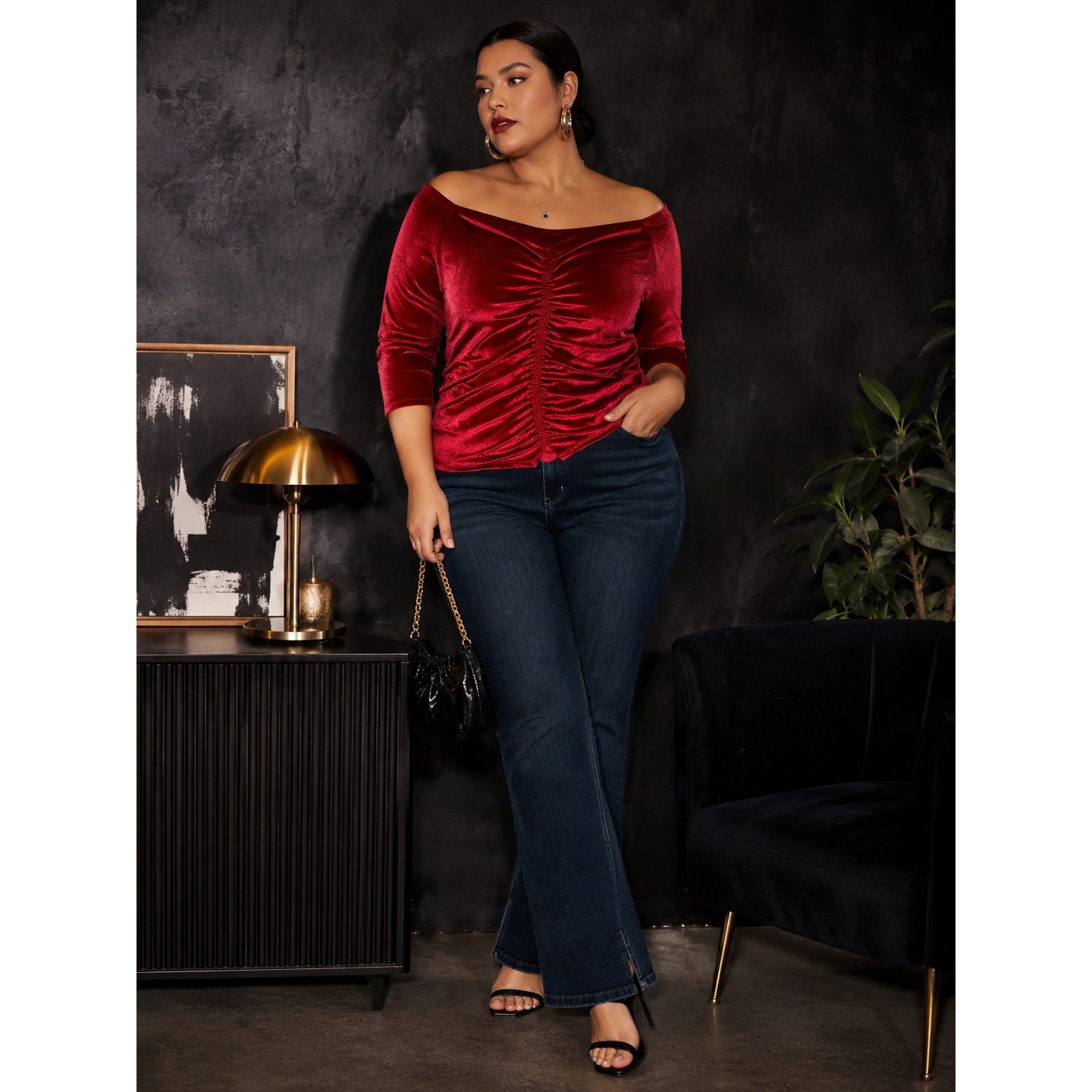 New Torrid Woman Sz 5x 5 Plus Blouse Red Velvet Shirred Off Shoulder Stretch Nwt